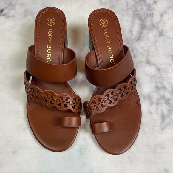 Tory Burch Tiny Miller Toe Ring Laser Cut Block Heel Slide Sandals NWOB - Picture 3 of 12